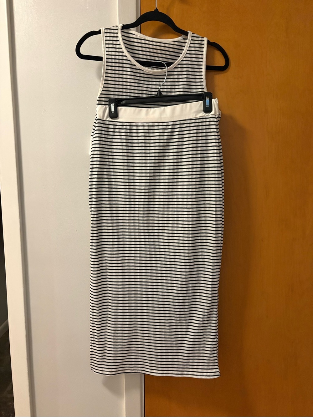 Sleeveless Black and White Striped Midi Skirt and Cropped Tank Set